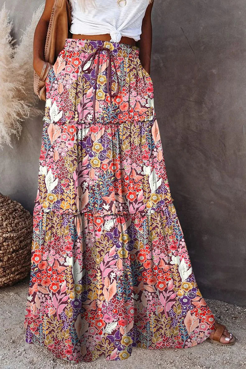 Womens Loose Long Boho Flowers High Elastic Waist With Pockets And Belt Maxi Skirt Pleated Skirt 2024 Summer Sexy Women Skirts