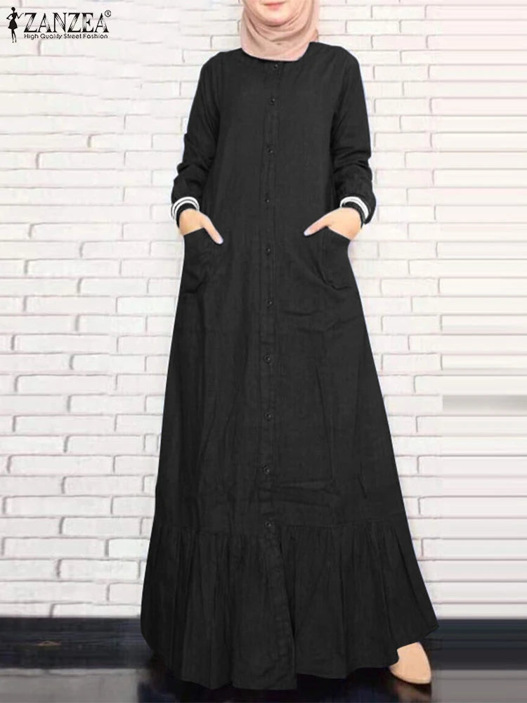 ZANZEA Spring Ruffles Hem Sundress Women Long Sleeve Muslim Abaya Dress Casual Kaftan Islamic Robe Solid Pleated Long Vestidos