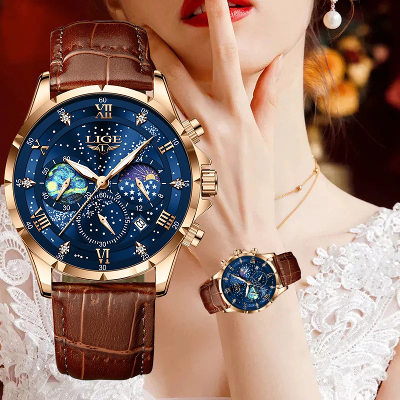 LIGE Women Watches Fashion Luxury Quartz Leather Strap Moon Phase Waterproof Luminous Wristwatch Date Business Casual Lady Clock