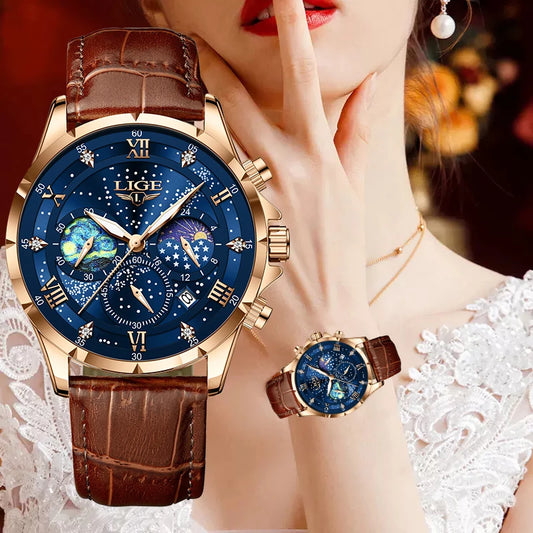 LIGE Women Watches Fashion Luxury Quartz Leather Strap Moon Phase Waterproof Luminous Wristwatch Date Business Casual Lady Clock