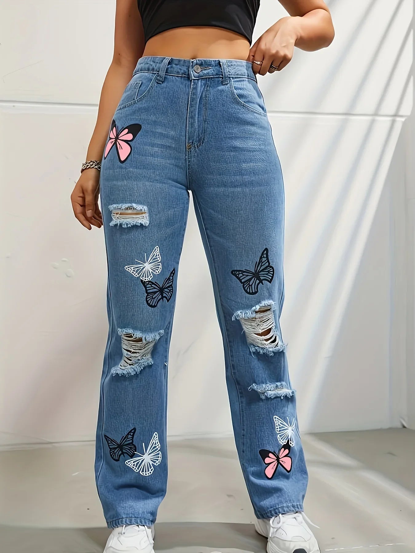 Women Denim Trousers Holes Jeans Butterfly Print Straight Pants High Waist Mom Jeans Vintage Y2k Punk Casual Pant Streetwear