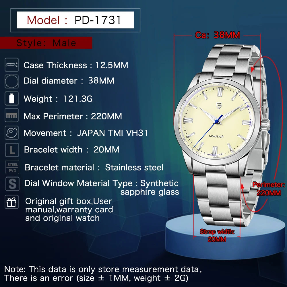 PAGANI DESIGN Men Casual Fashion Quartz Watches Stainless Steel Sapphire 100m Waterproof Business Clock Reloj Hombre