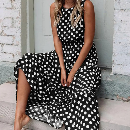 Polka Dot Boho Sundress Women Summer Beach Maxi Long Dresses Sexy Elegant Sleeveless Belts Evening Party Dress Vestido De Mujer