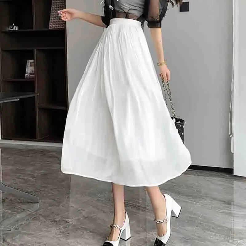 Female Summer Advanced Sense Flowing Light Mid Length A-line Gauze Skirt Women Solid Color Socialite Large Swing Umbrella Skirt