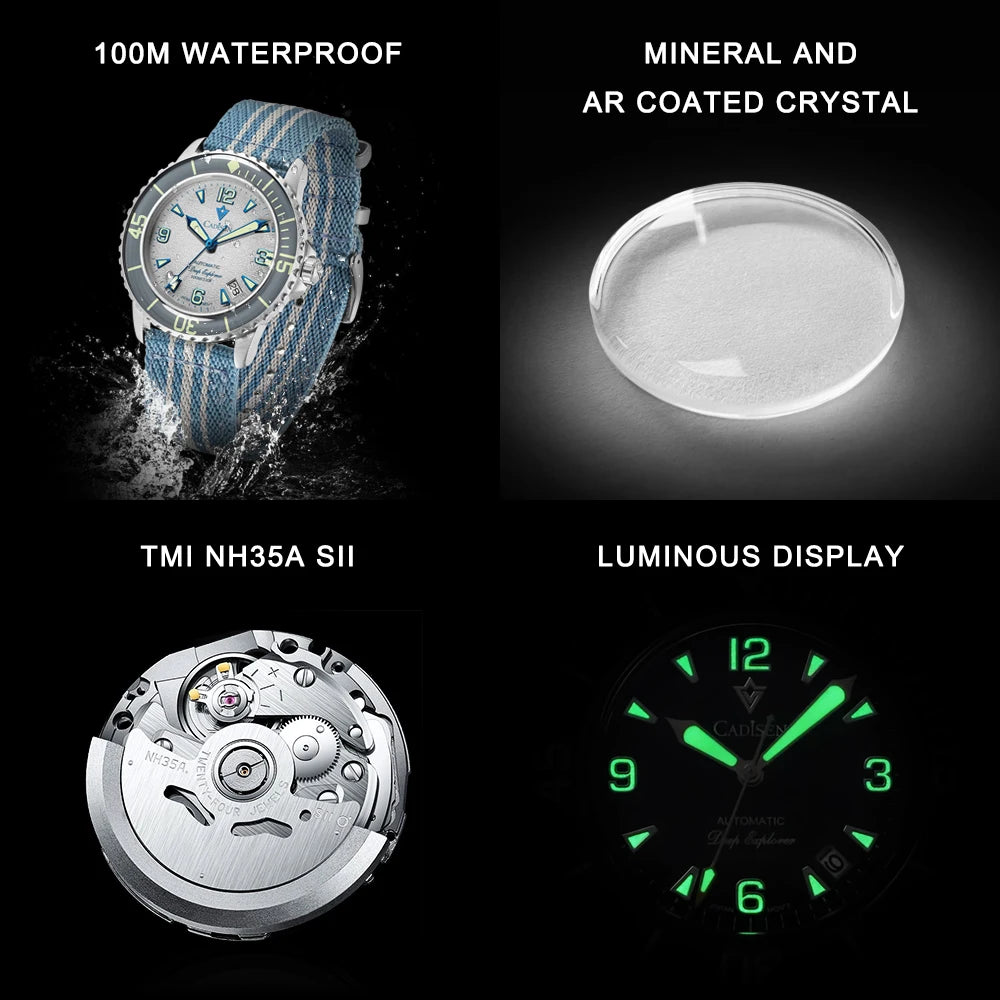 CADISEN 2025 New Automatic Mechanical Watch Man Canvas Strap Leisure Wristwatch NH35A Luxury Black Luminous Waterproof Watches