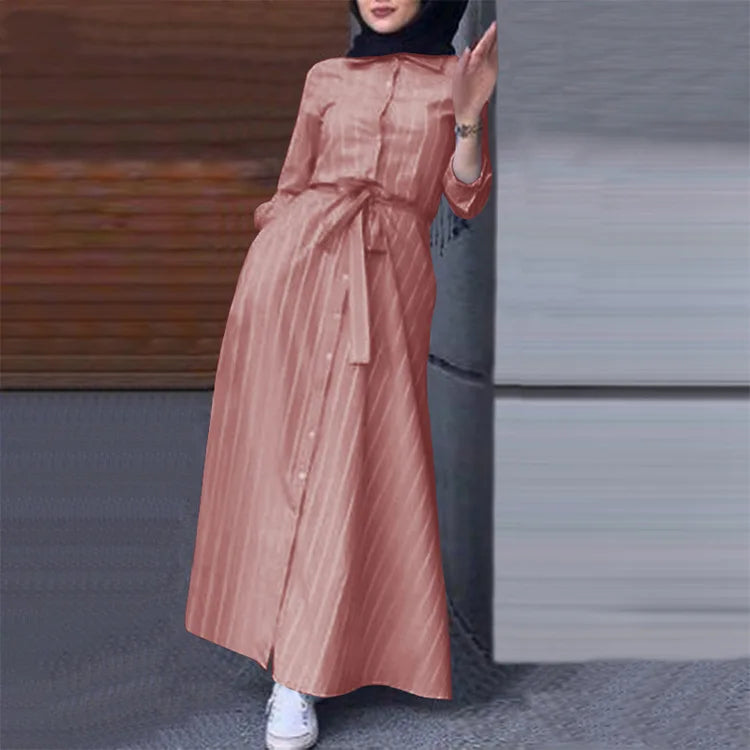 Women Muslim Dubai Abaya Kimono Striped Long Dress Kaftan Islam Clothing Button Shirt Maxi Dresses Vestidos Robe African Abaya