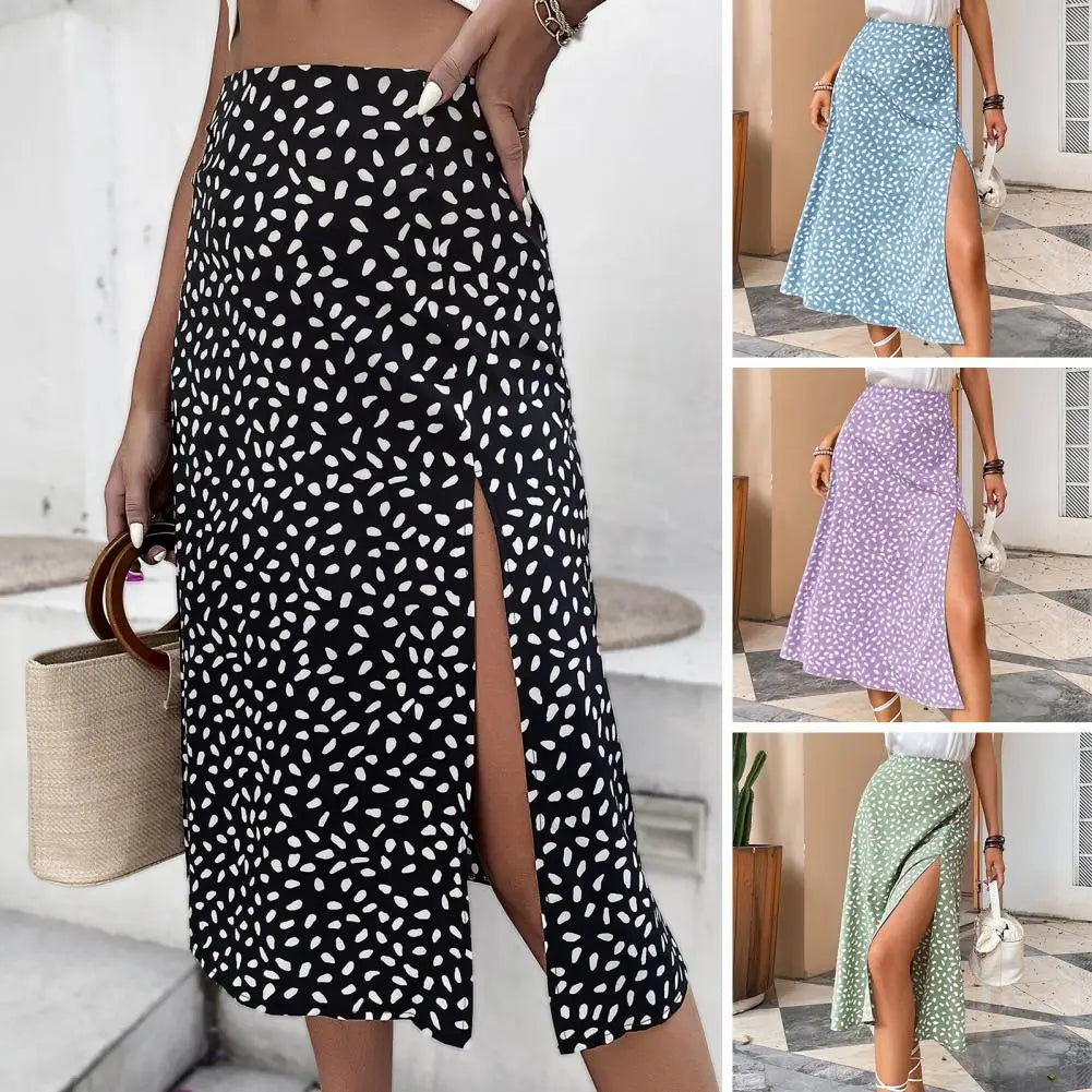 Women Midi Skirt Summer Mid-rise A-Line Women Midi Dress Women Dot Print Side Split Skirt Lady Hip Wrapped Skirt Daily Clothing