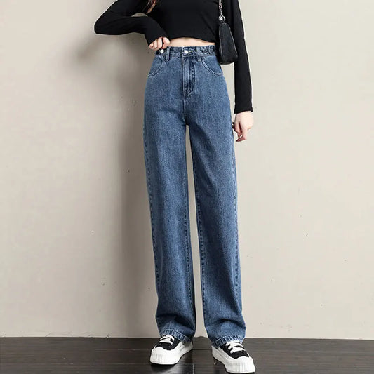 Washed High-waisted Straight Leg Jeans, Women's Loose Multi-button Adjustable Wide-leg Pants, Casual Retro Floor-length Jeans