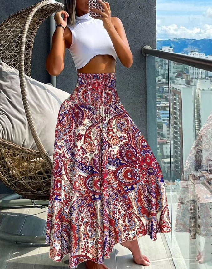 Mandylandy Summer Big Swing Skirts High Waist Slimming Printed Skirt Large Swing Skirt for Women Casual Bohe Streetwear Skirts