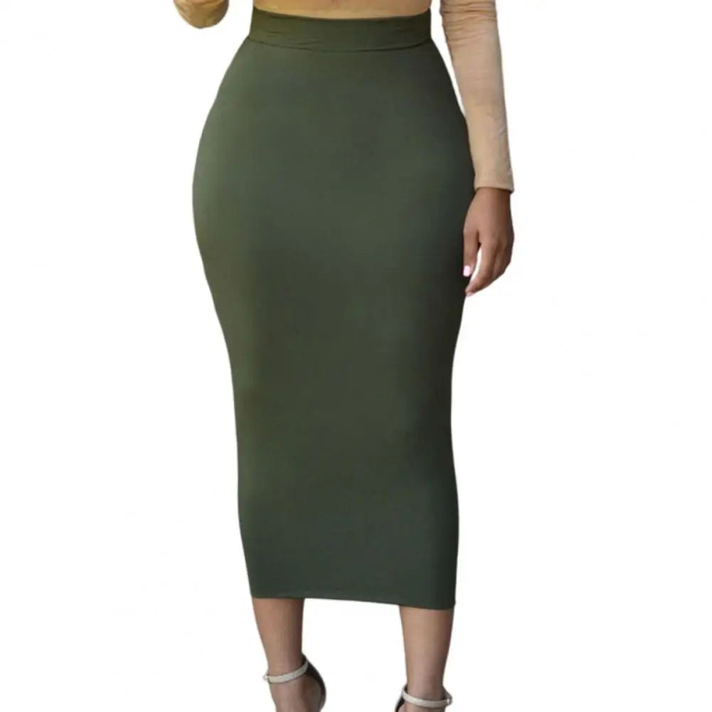 Women Skirt Solid Color Elastic Bodycon High Waist Dating Skirt Match Top Comfortable Mid-calf Length Sheath Skirt Women Garment