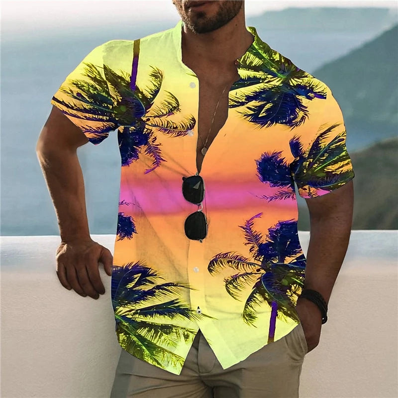 Casual Coconut Tree Graphic Beach Shirts Summer Fashion Short Sleeve Lapel 3D Printed Hawaiian Shirts Mens Loose Vacation Blouse