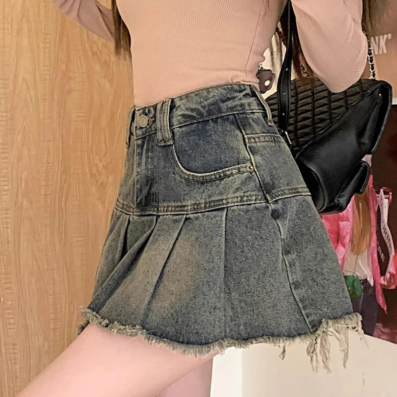 Fashionable And Sweet Korean Style High Waist Denim Pleated Skirt For Women