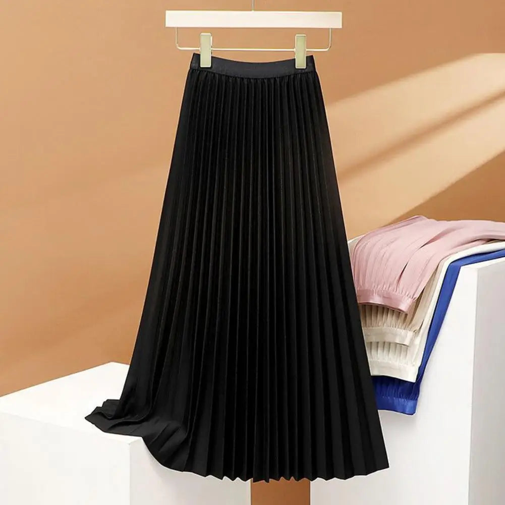 Women Maxi Skirt Elastic High Waist Pleated Skirt Solid Color Smooth Satin A-Line Skirt Work Leisure Wear Короткое Платье Макси