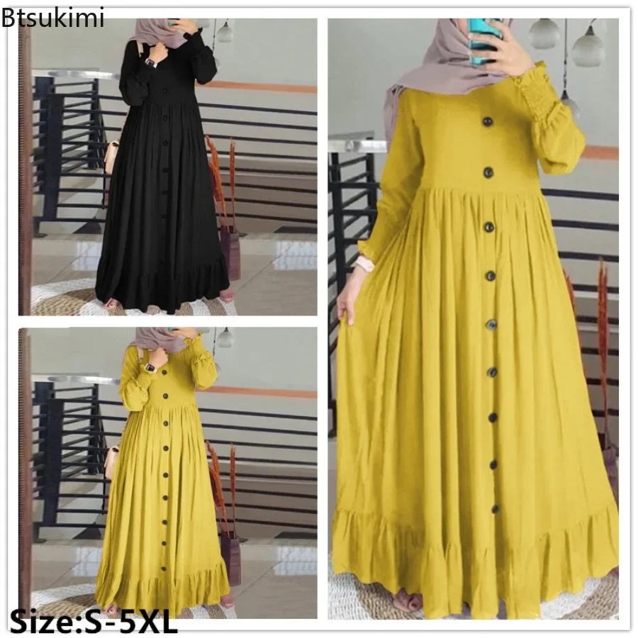 New Women Muslim Long Dresses Fashion Vintage Petal Sleeve Ruffle Hem Sundress Female Casual Cotton Linen Maxi Dress Muslim Robe