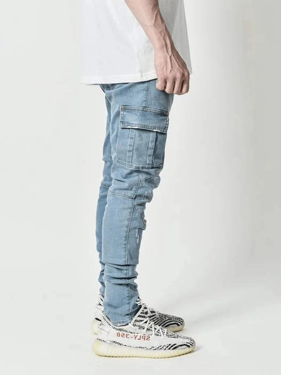 Mens Stretchy Skinny Ripped Jeans Men Side Pocket Washed Slim Denim Pants Biker Jeans Fashion Sweatpants Hip Hop Trousers Jogger