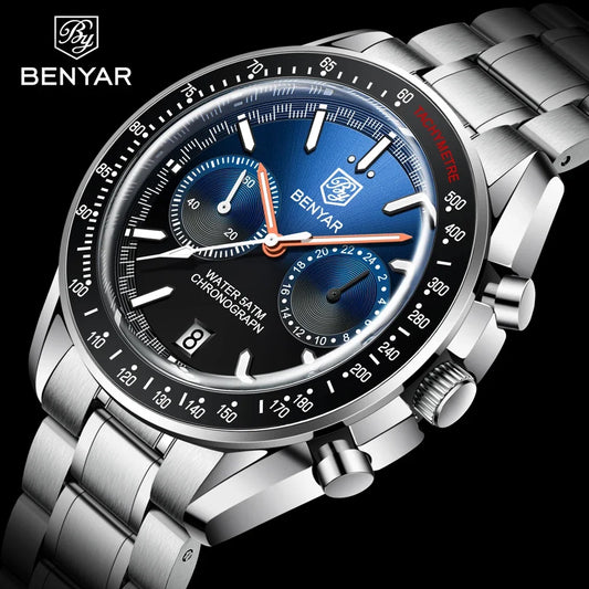 BENYAR 2023 New Moon Luxury Quartz Chronograph Men Watches Sports Waterproof Automatic Watch For Men Luminous Clock Reloj Hombre