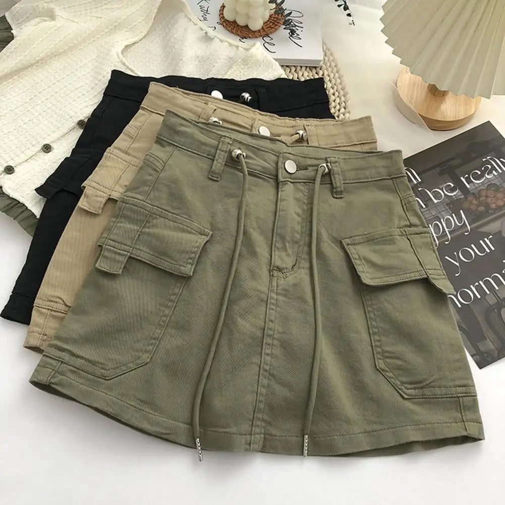 Drawstring High Waist Mini Skirt Women Streetwear Big Pocket Cargo Skirt Woman Fashion 2024 short A Line Skirts Mujer