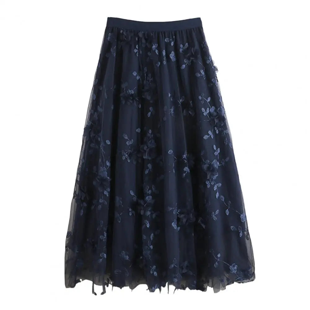 Women High Waist Midi Skirt Elegant Floral Embroidery Mesh Midi Skirt with Double Layered Tulle High Waist A-line for Women