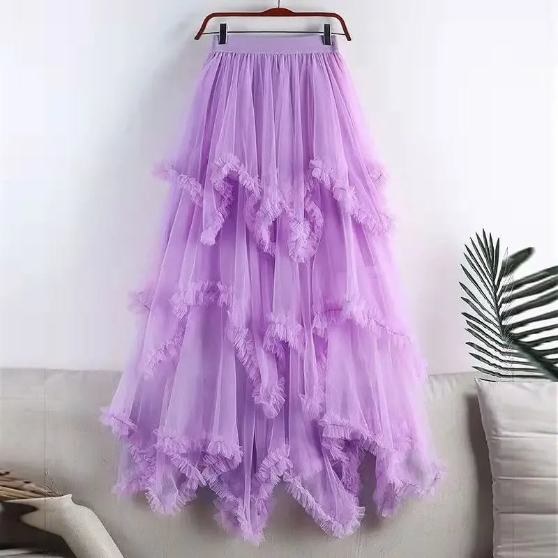 Summer Fashion Irregular Cake Tulle Skirt Women Sweet Midi Long High Waist A-line Skirt Female Mesh Party Evening Skirt