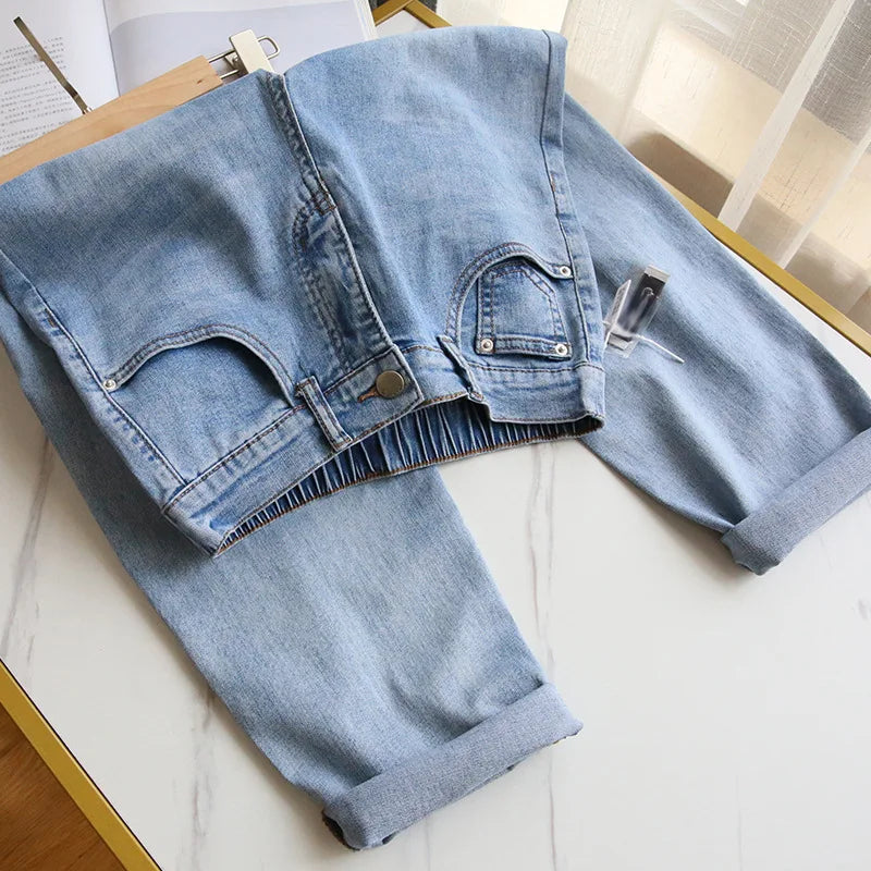 Bleached Jean Ankle Length Straight Denim Pants Women Harem Jeans Pockets Mid Waist Loose Fit Casual Solid Washed 2024