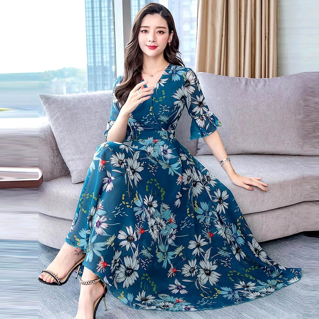 Women'S Fashion Floral Print Dresses Long Casual  A-Line Print V-Neck Slim Short Sleeve Waist Cinching Women'S Dress Frocks