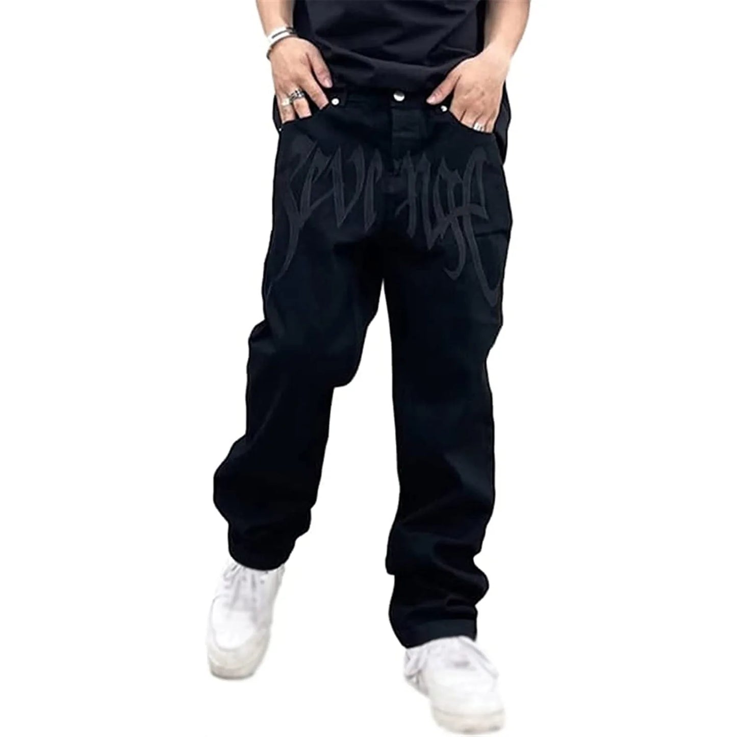 Men Y2K Embroidered High-waisted Straight Baggy Printed Jeans Hip Hop Teenager Boy Streetwear Skateboard Casual denim Trousers