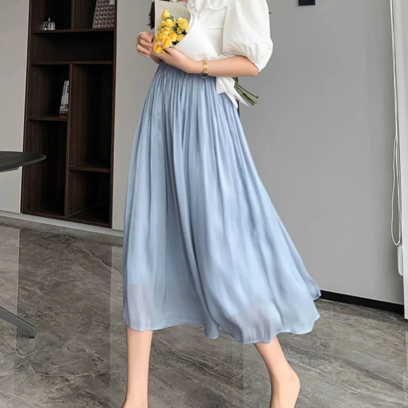 Female Summer Advanced Sense Flowing Light Mid Length A-line Gauze Skirt Women Solid Color Socialite Large Swing Umbrella Skirt