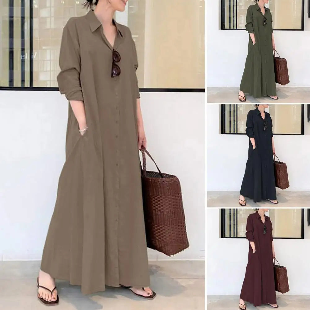 Loose Cut Button Closure Dress Spring Maxi Dress with Turn-down Collar Single-breasted Long Sleeve Ankle Length Women's Loose