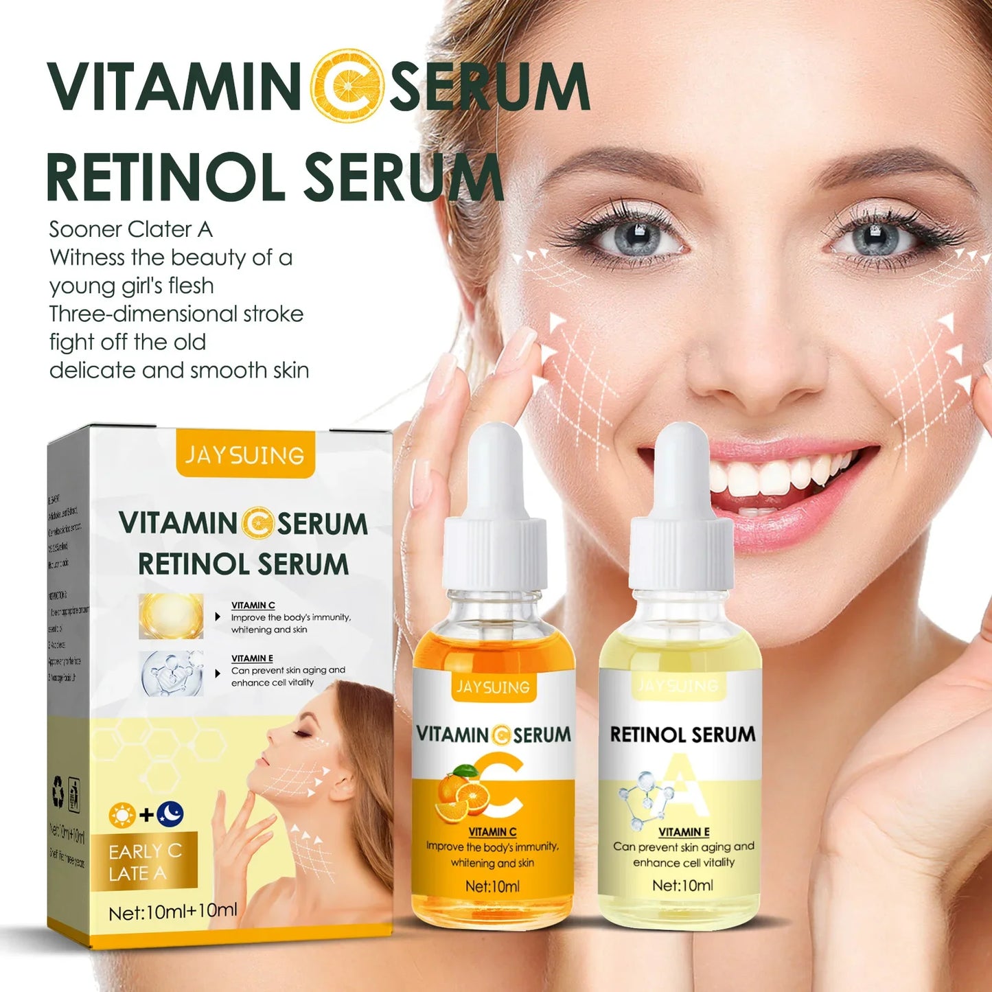 Vitamin C Whitening Face Serum Hyaluronic Acid Retinol Facial Essence Purifying Serum Dark Spot Remover Skin Care 2PCS/Set