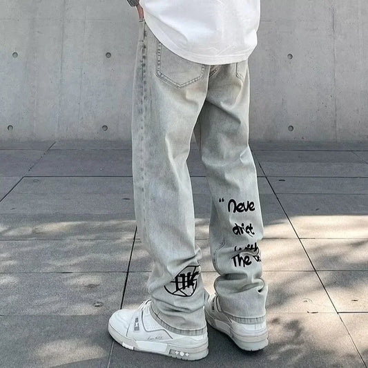 American Gothic Letter Men's Baggy Jeans Y2K Retro Harajuku Straight Denim Trousers Hip Hop Fashion Printed Jean Man Pants