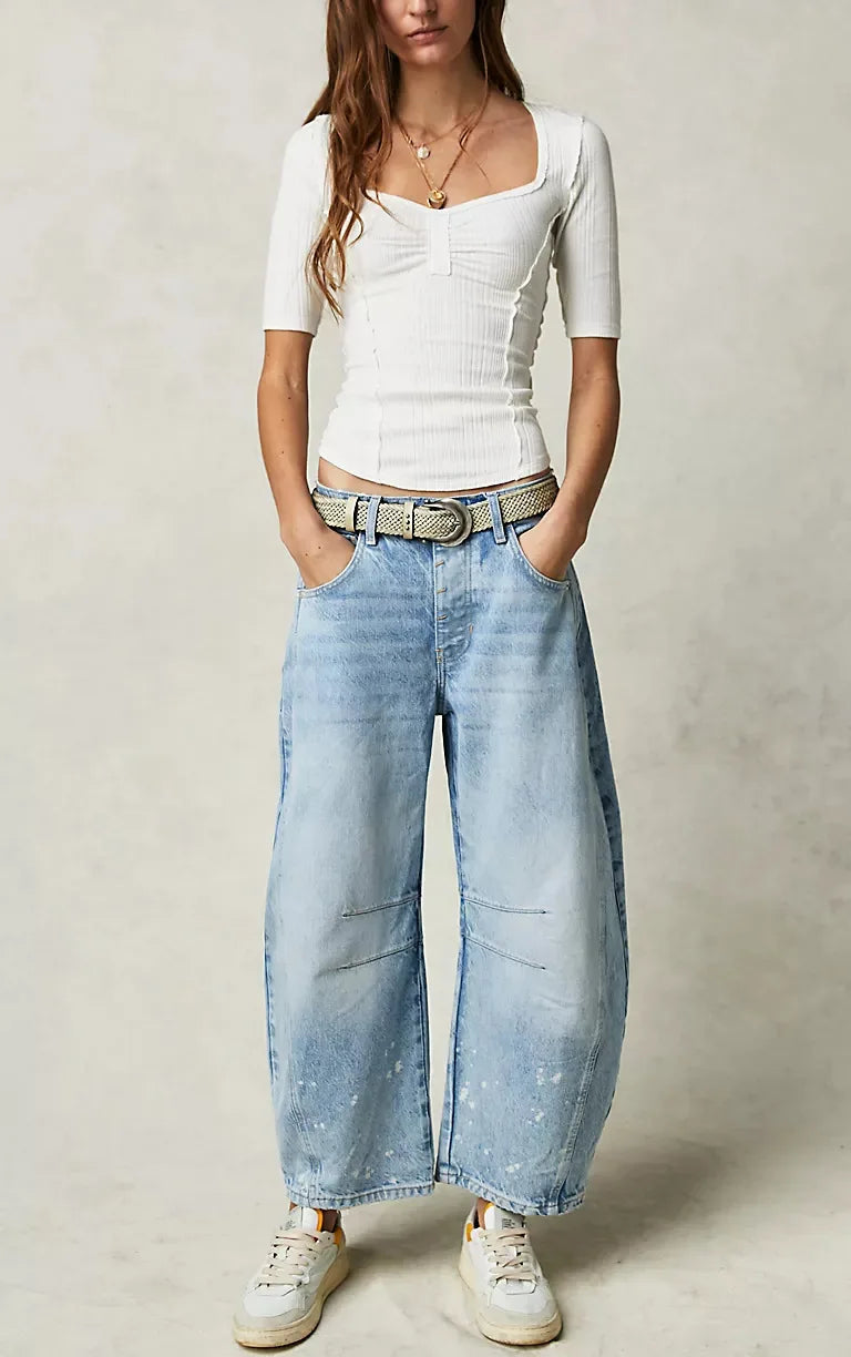 Washed Jeans Women Wide Leg Pants Denim High Waist Vintage Pockets Solid Basics Loose Fit Ankle Length Trousers 2024 Casual