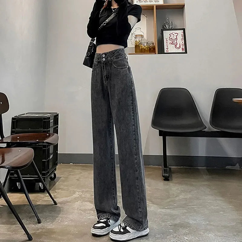 Double-button High-waisted Straight Leg Jeans, Women's Spring and Autumn New Casual Wide-leg Pants, Loose Floor-length Jeans