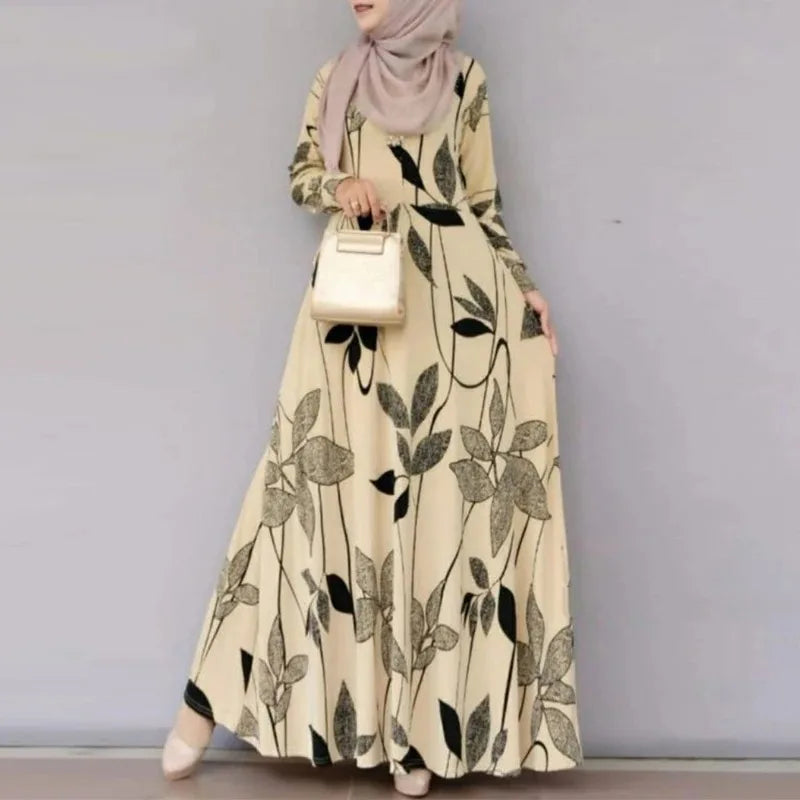 Muslim Printed Long Sleeve Dress for Women Casual Bohemian Robes Holiday Muslim Dress Dubai Full Length Abaya Turkey Spring Robe