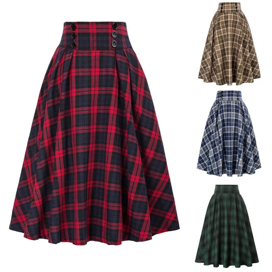 Women Vintage Pleated Plaid Skirt Autumn Winter High Waist Korean Style Preppy Midi Skirts Button Decoration Plus Size Skirt