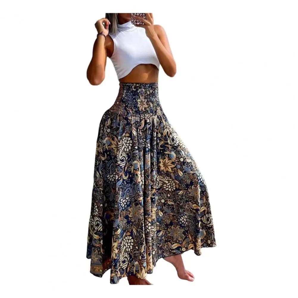 Women Maxi Skirt High Waist Wide Elastic Waist A-Line Retro Printed Skirt Summer Loose Fit Long Skirt Streetwear Платье Maxi