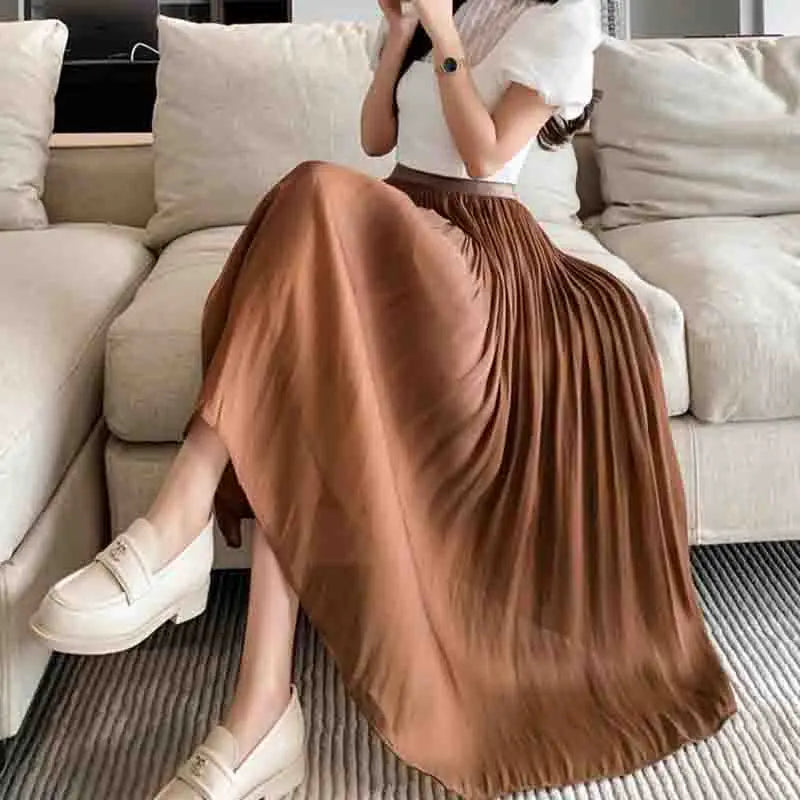 Female Summer Advanced Sense Flowing Light Mid Length A-line Gauze Skirt Women Solid Color Socialite Large Swing Umbrella Skirt