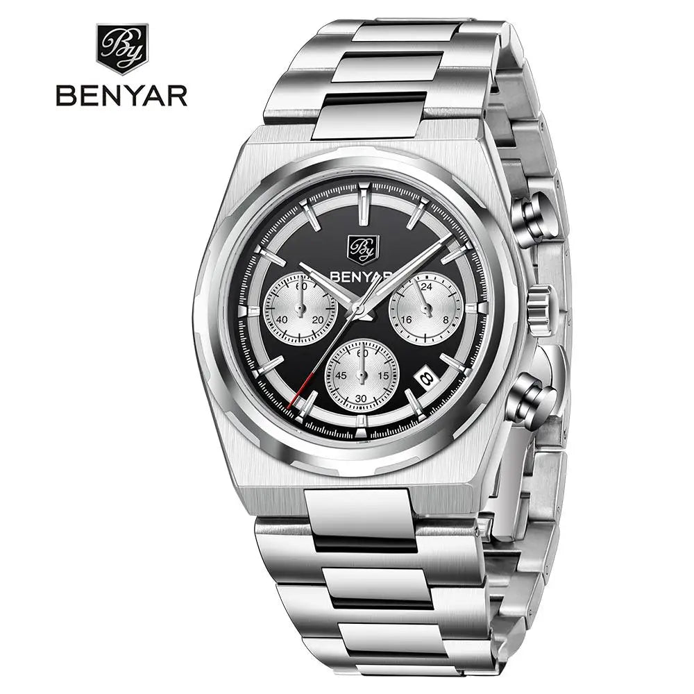 Benyar 40MM Multi-function Quartz watch Mineral Strengthened Glass Stainless steel waterproof strap Timing clock watch for men