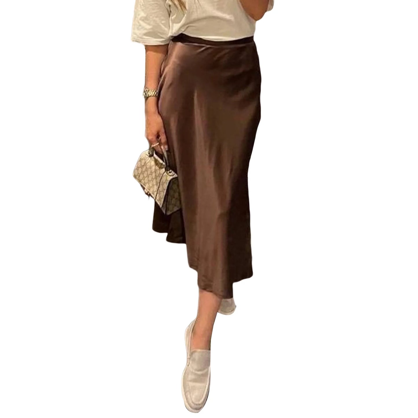 Women s Summer High Waist Skirt Solid Color Long Satin Skirt for Travel Beach Shopping