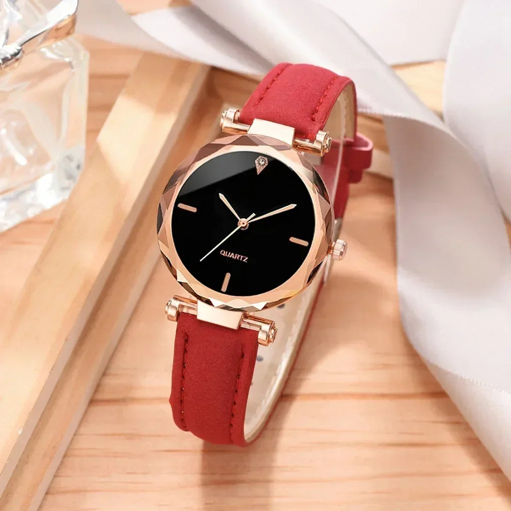 2024 Luxury Fashion Women Watch Set PU Leather Strap Ladies Quartz Wristwatch Rhinestone RoseGold Alloy Bracelet for Ladies Gift