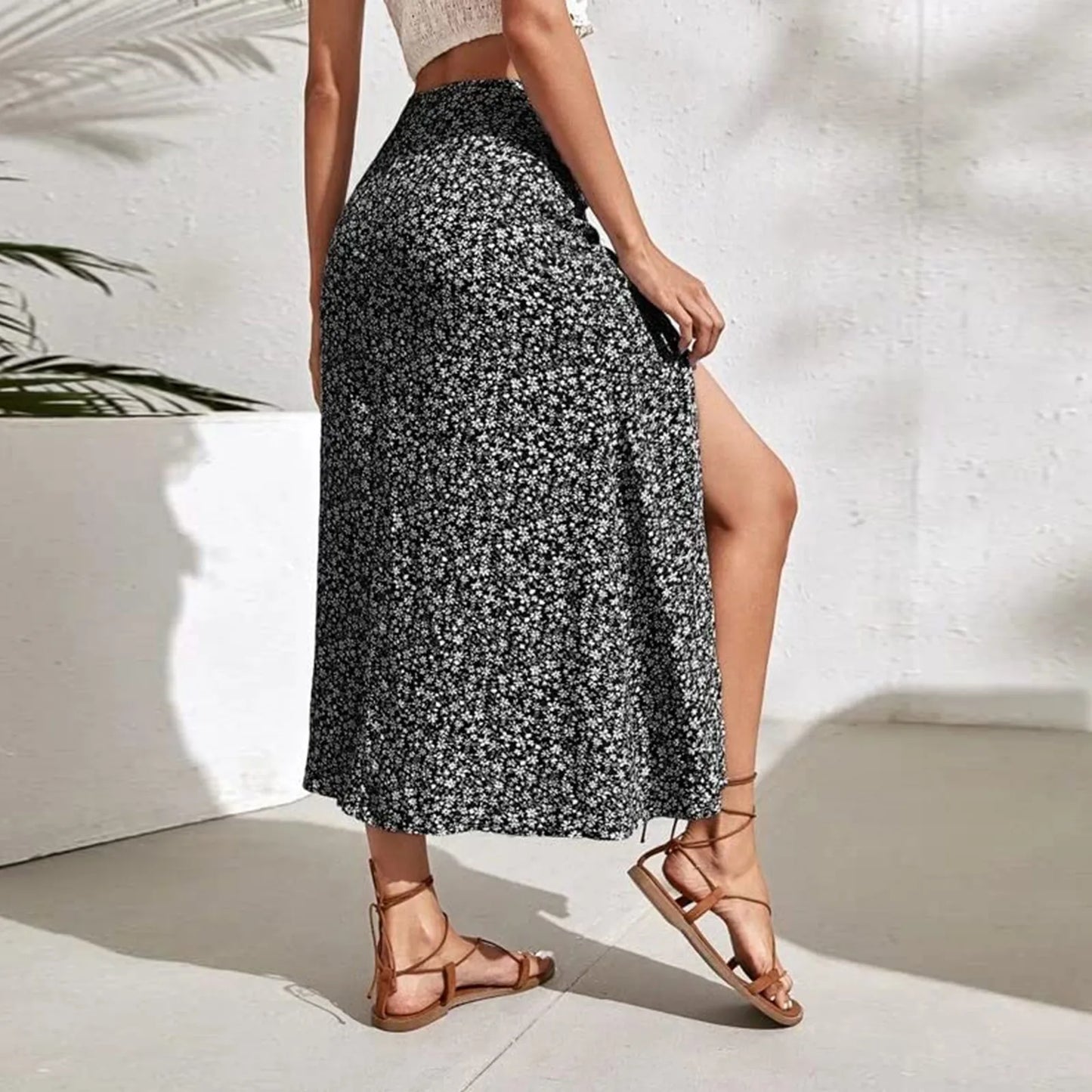 Fashion Vintage Skirt 2023 Flower Polka Dot Print High Waist Stretch Split Long A-Line Skirts For Women Fashion Beach Maxi Skirt