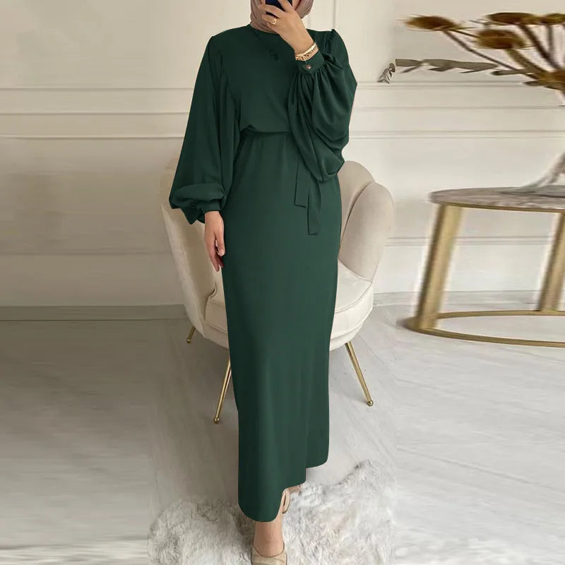 New Elegant Simple Lace-up Muslim Dress Long Sleeve Solid Color Sundress Robe Modest Muslim Robe Dress