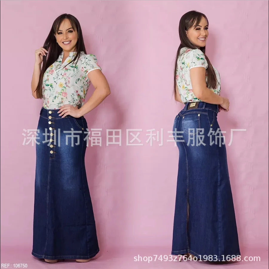 Women Skirts Denim Solid Vestidos Slim Fit Party Dress Ankle Length Sexy Wrap Buttocks Spliced Basics Button Pockets Washing