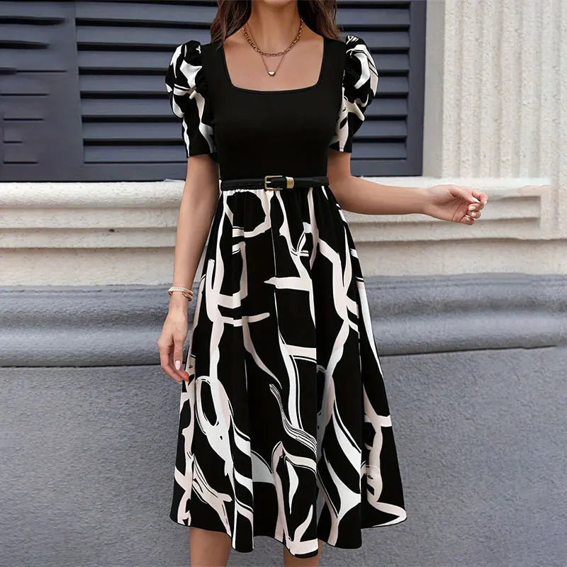 Women's Dress Autumn Winter Fashion Knitted Print Stretch Square Neck Slim Fit Short Puff Sleeve Midi Prom Dresses For Women