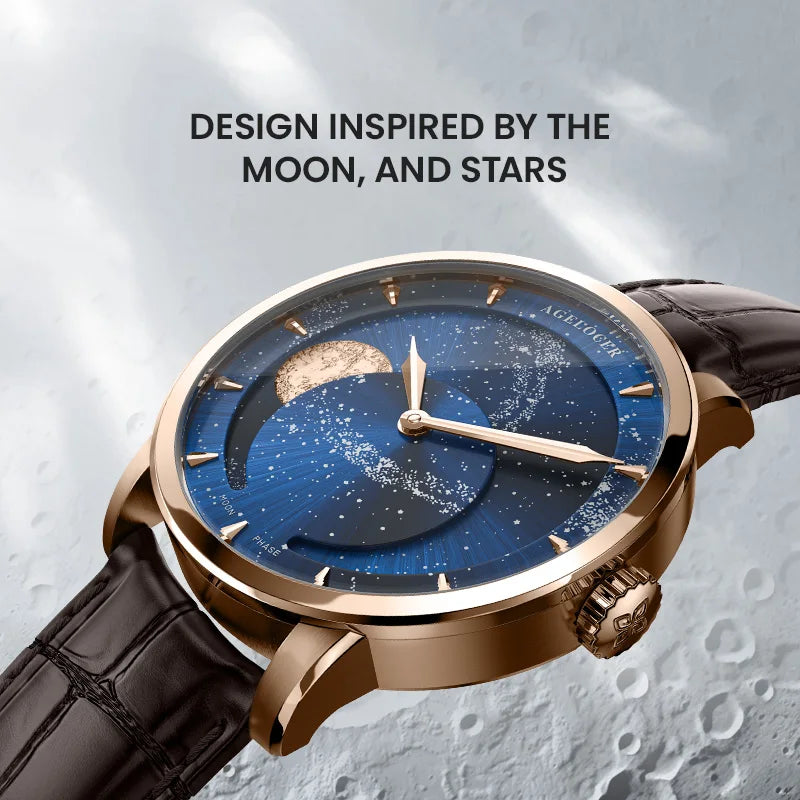 AGELOCER Original Astronomer Watch Men's Business Luxury Gold Watch Automatic Mechanical Moon Phase Watch Birthday Gift for Men