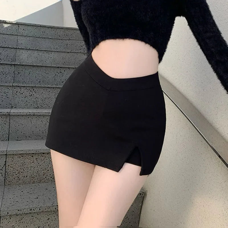 2024 Black Split Mini Skirts Women Summer Club High Waist Slit Skirt Streetwear Korean Party Fashion Irregular Slim A Line Skirt