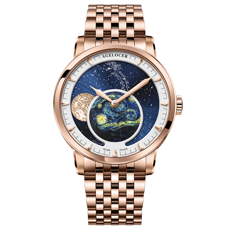 AGELOCER Original Astronomer Watch Men's Business Luxury Gold Watch Automatic Mechanical Moon Phase Watch Birthday Gift for Men