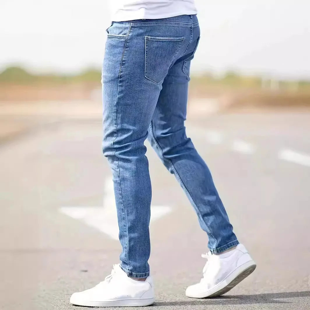 Distressed Men Jeans Denim Holes Skinny Vintage Wash Solid Pencil Pants 2024 Ankle Length Sheath Punk Style Pockets Slim