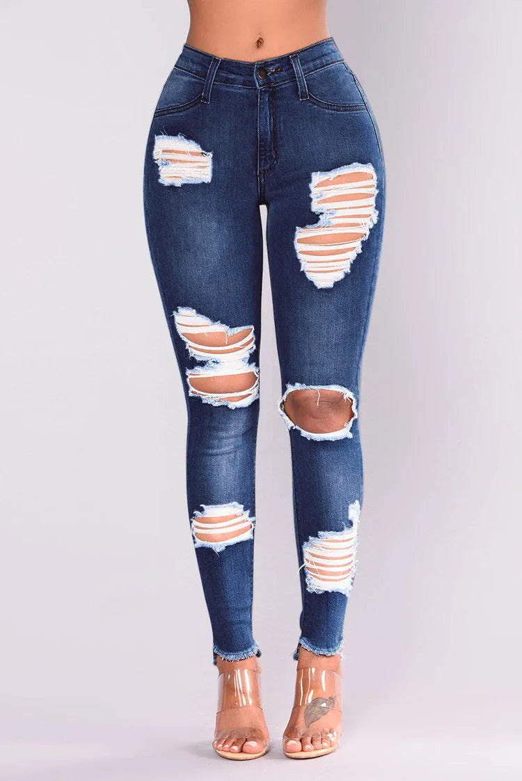 Europe and America Spring New High-waist Elastic Force Hole Break Small Feet Pants Jeans, Fashion Hip Lift Pencil Jeans Women