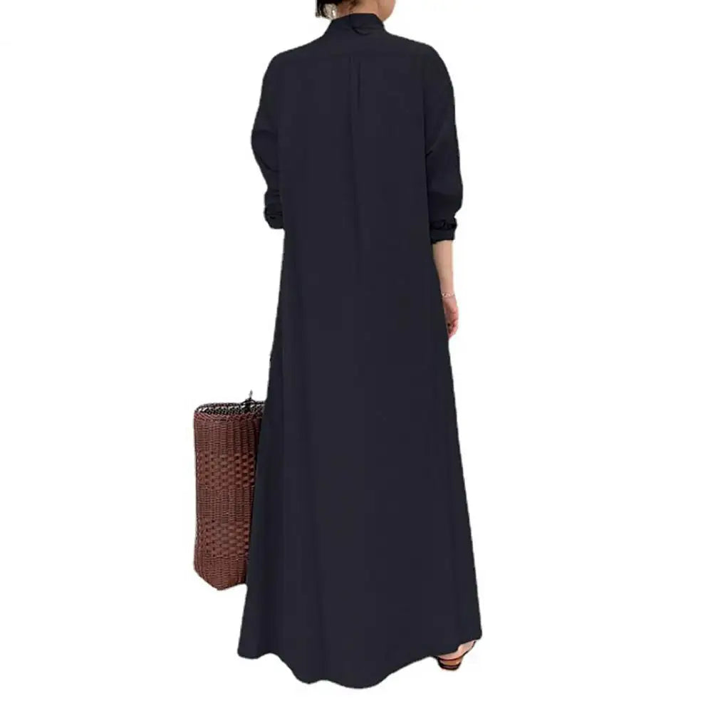 Loose Cut Button Closure Dress Spring Maxi Dress with Turn-down Collar Single-breasted Long Sleeve Ankle Length Women's Loose