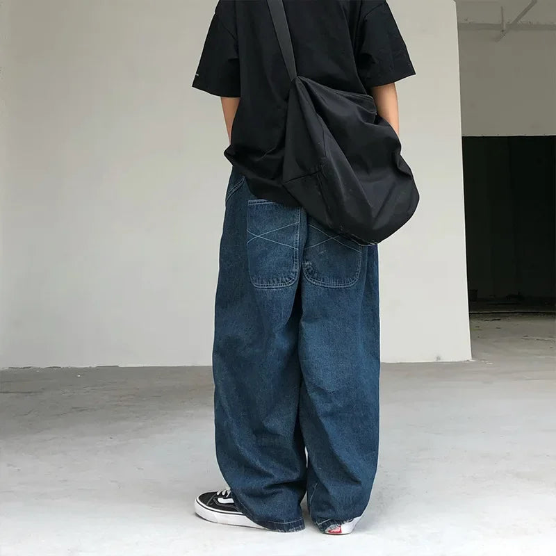 New Wide Leg Pants Men's Fashion Baggy Solid Color Stitching Trousers Harajuku Casual Loose Oversize Jeans Men Clothing Y2K